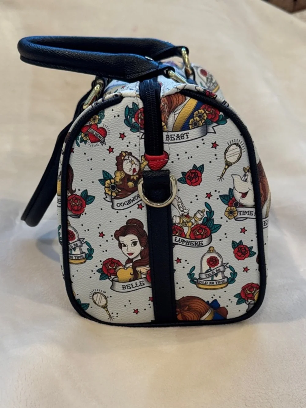 Loungefly Pale Blue Beauty and the Beast Character Print Satchel with Black Trim